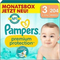 Pampers Premium Protection, størrelse 3 Midi, 6-10 kg, månedsboks (1x 204 bleier)